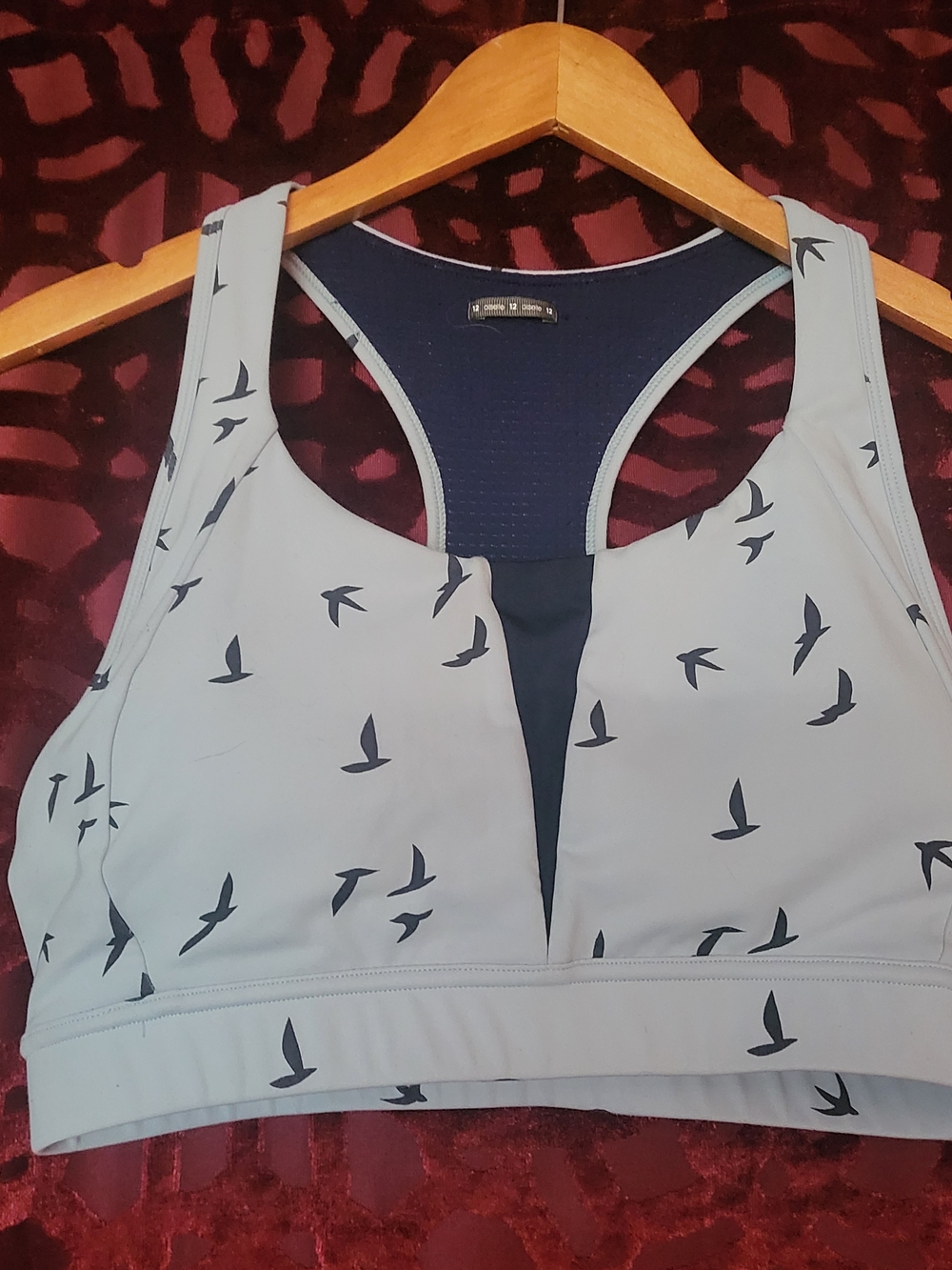 oiselle Pale Blue Bird-Print Racerback Sports Bra